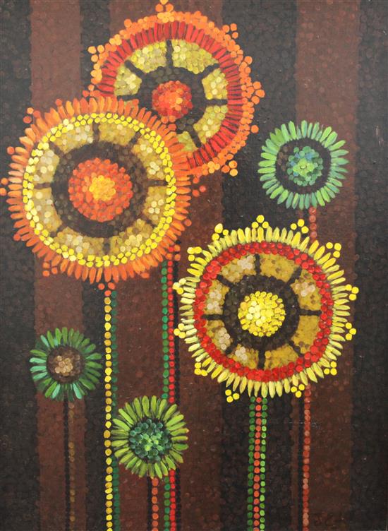 Australian School Finger painting depicting stylised flowerheads, 29 x 21.5in.